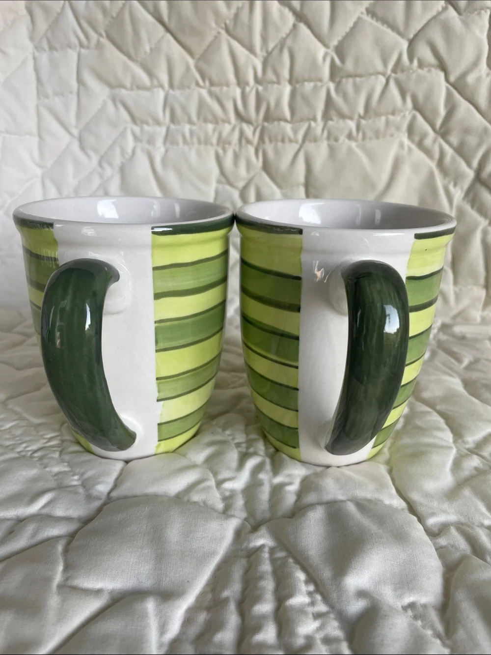 Green Striped Ceramic Coffee Mugs - Set of 2